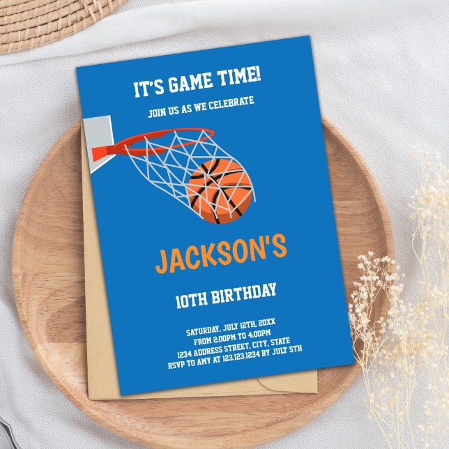 Editable Slam Dunk Sports Party Invite (Blue Orange Basketball Birthday Invitations)