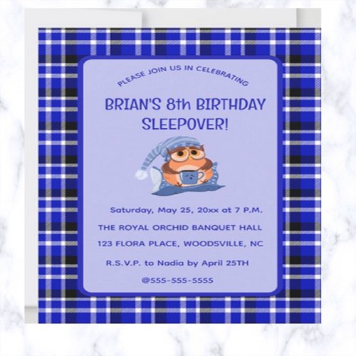 Editable Sleepy Owl Blue Plaid Sleepover Invitation