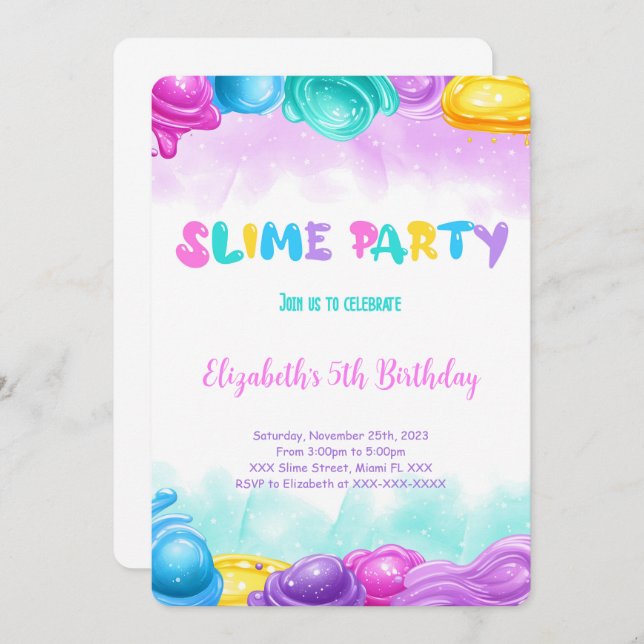 Editable Slime Birthday Party Invitation (Front/Back)