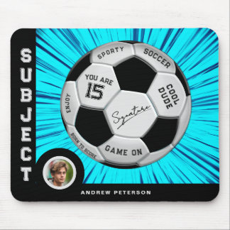 Editable Soccer Ball Bold Font Blue Birthday Mouse Pad