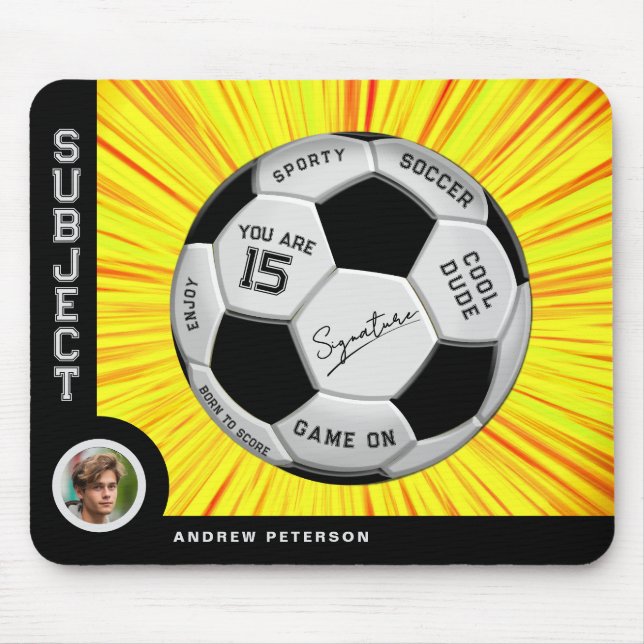 Editable Soccer Ball Modern Yellow Milestone  Mouse Pad (Front)