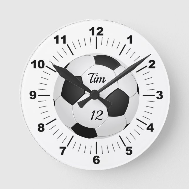 Editable Soccer Ball Name and Team Number Round Clock (Front)