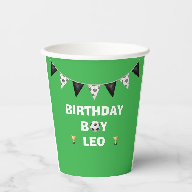 Editable Soccer Birthday Paper Cups  - Custom Name (Front)