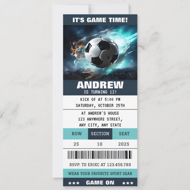 Editable Soccer Supplies for Kids Ticket Birthday Invitation (Front)