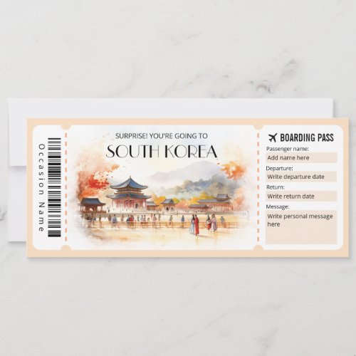 Editable South Korea Plane Boarding Pass Ticket Invitation