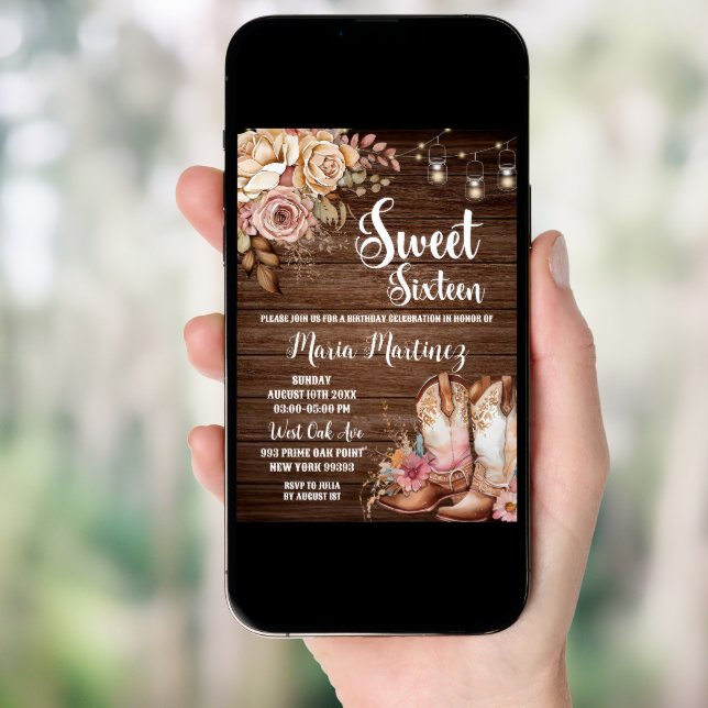 Editable Southwestern rustic cowgirl Sweet Sixteen Invitation (Front Digital)