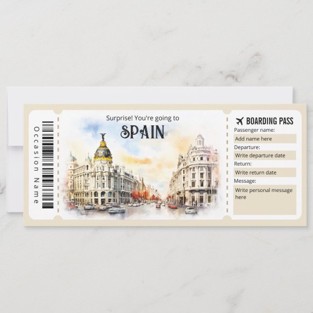 Editable Spain Plane ticket, Spain Trip Invitation (Front)