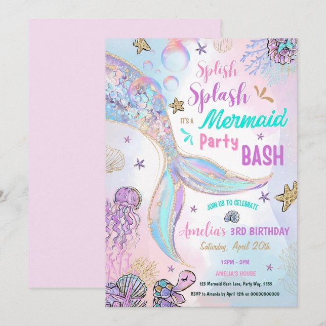 Editable Sparkle Mermaid Party Invitation Pool Gir (Front/Back)
