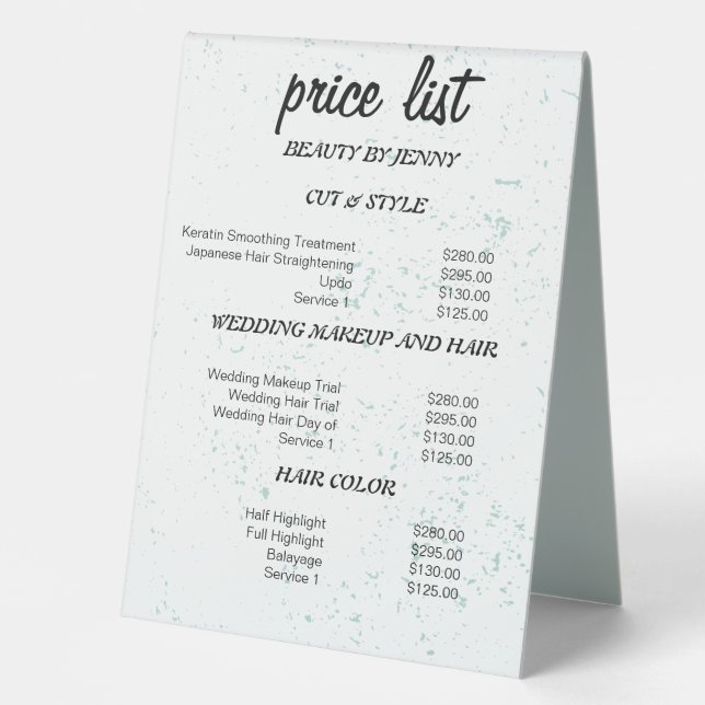 Editable Speckled Texture Beauty Price List Sign (Front)