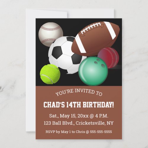Editable Sports Balls Birthday Invitation Card