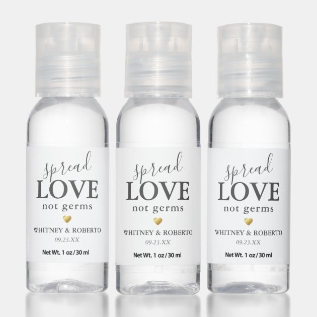 20 x spread love not germs personalised wedding empty hand gel bottles refil 