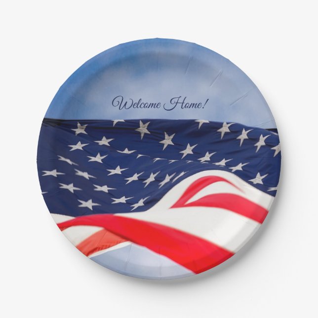 Editable Stars and Stripes Welcome Home Paper Plates (Front)