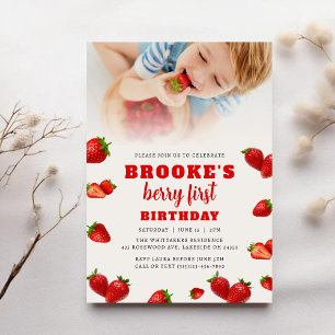 Editable Strawberry Berry 1st Birthday Invitation