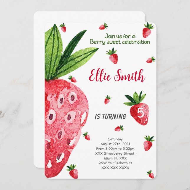 Editable Strawberry Birthday Invitation (Front/Back)