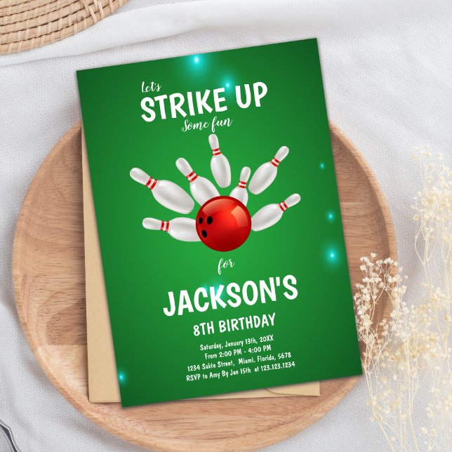 Editable Strike Party Invite for Kids (Green Background Bowling Birthday Invitations)