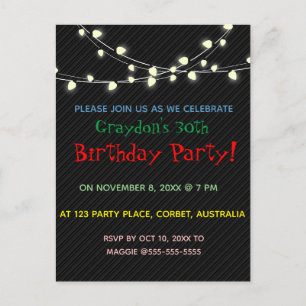 Editable Strings of Party Lights Birthday Invitation Postcard