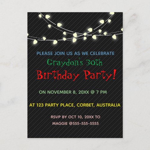 Editable Strings of Party Lights Birthday Invitation Postcard