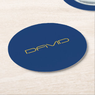 Editable Stylish Text Gold & Navy Blue Round Paper Coaster