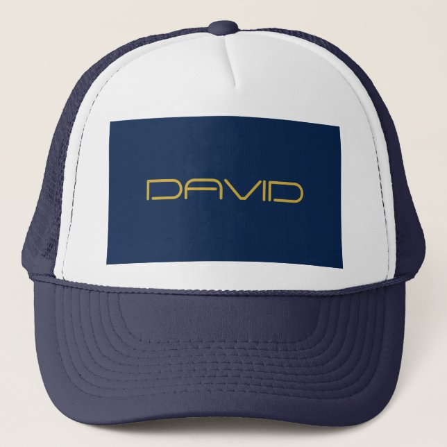 Editable Stylish Text | Gold & Navy Blue Trucker Hat (Front)