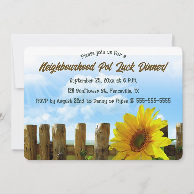 Editable Sunflower and Wooden Fence Party Invitation (Front)