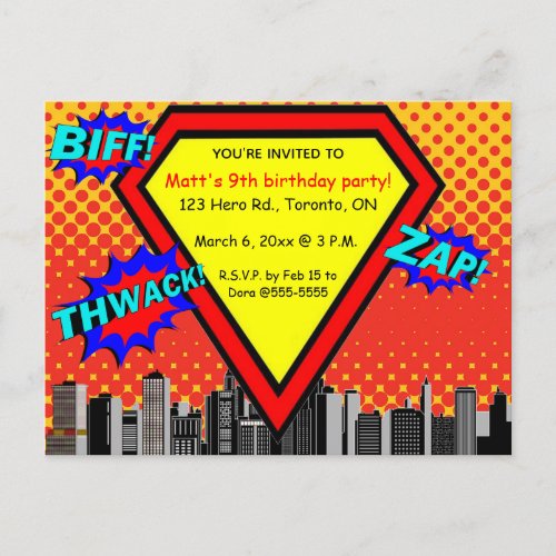 Editable Superhero Birthday Party Invitation Postcard