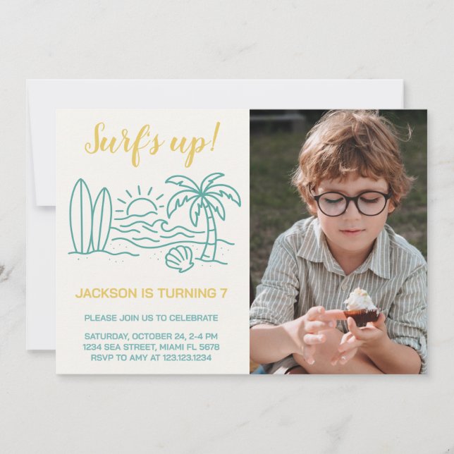 Editable Surf’s Up Birthday Invite with photo (Front)