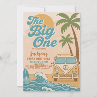 Editable Surfing The Big One Boy 1st Birthday Invitation