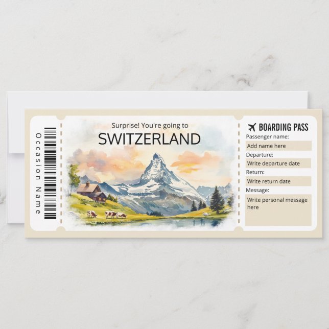 Editable Switzerland Plane ticket, Switzerland Invitation (Front)