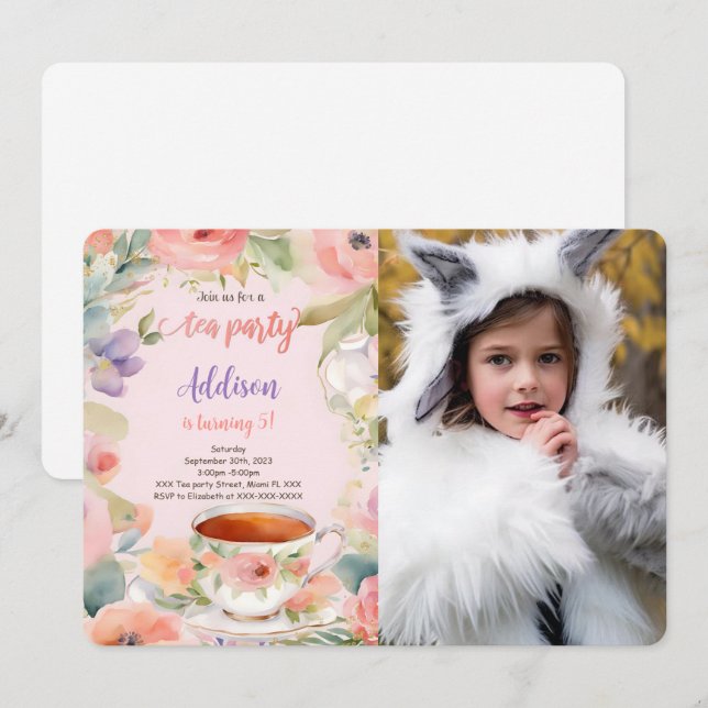 Editable Tea Party Birthday Party Photo Invitation (Front/Back)
