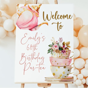 Editable Tea Party Welcome Sign: Pink & Gold Birth Foam Board