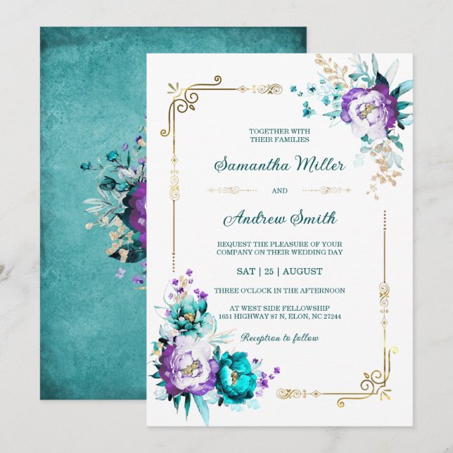 Editable Teal and Purple Gold Wedding Invitation (Front/Back)