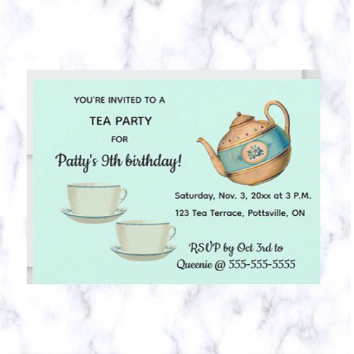 Editable Teapot and Teacups Birthday Tea Party Invitation