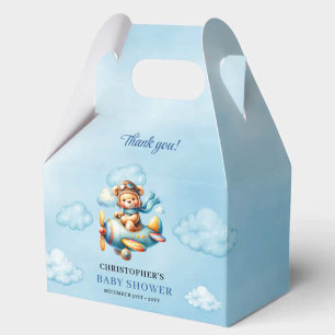 Editable Teddy Bear Aviator Blue Brown Boy Shower  Favor Boxes