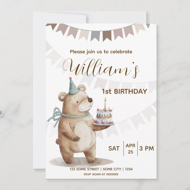 Editable Teddy Bear First Birthday Invitation  (Front)