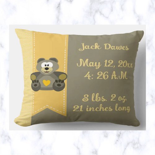 Editable Teddy Bear Plaid and Ribbon Birth Details Throw Pillow