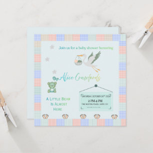 Editable Teddy Bear & Stork Blue Plaid Baby Shower Invitation