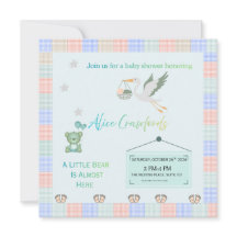 Editable Teddy Bear & Stork Blue Plaid Baby Shower