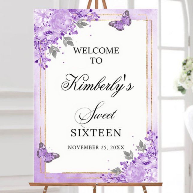 EDITABLE Template Sweet 16 Welcome Sign, Purple Foam Board (Creator Uploaded)