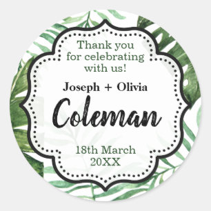 Editable Thank You Green Tropical Party Favor Classic Round Sticker