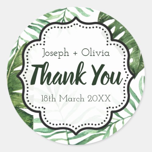 Editable Thank You Green Tropical Party Favor Classic Round Sticker