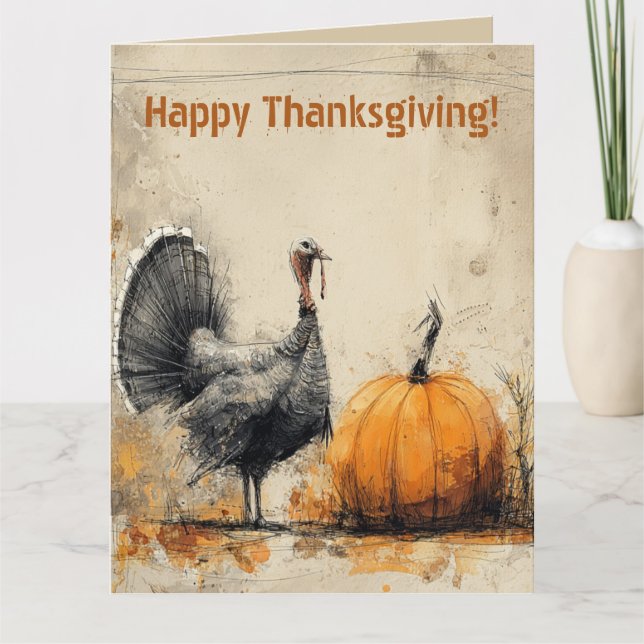 Editable Thanksgiving Turkey and Pumpkin Greeting Card (Front)