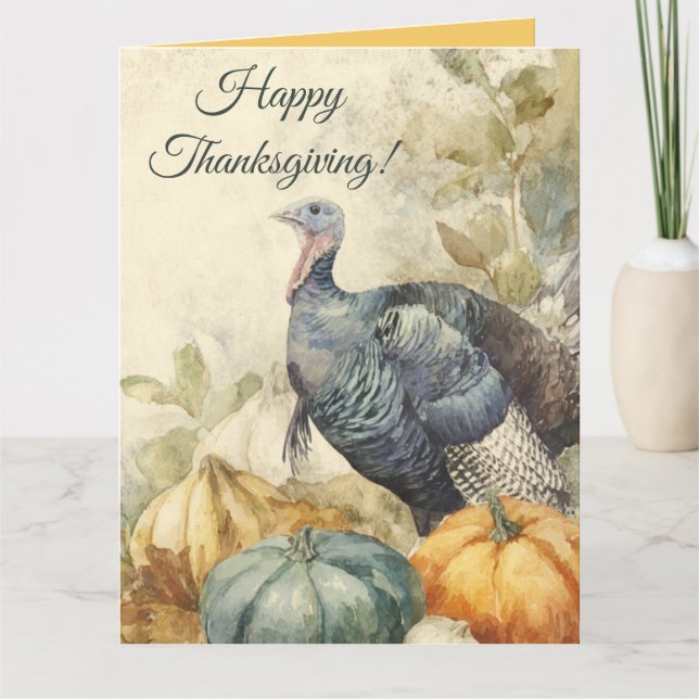 Editable Thanksgiving Turkey Pumpkins and Leaves Card (Front)