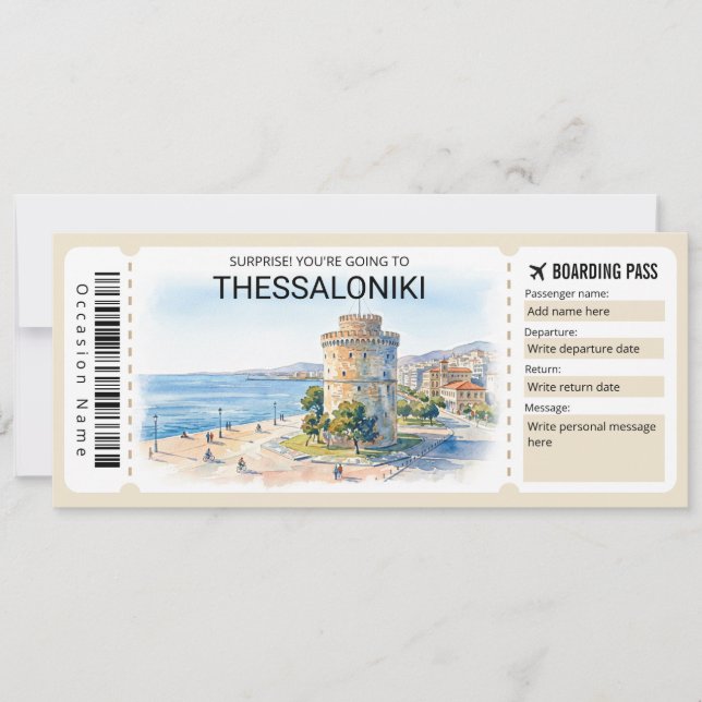 Editable Thessaloniki Trip Boarding Pass Ticket Invitation (Front)