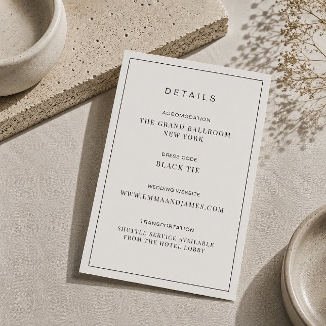 Editable Thin Border Minimal Wedding Details Card (Elegant thin border frames every detail with timeless editorial style.)