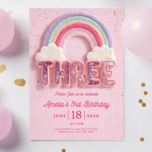 Editable Third Birthday Invitation, Pink colorful  Invitation