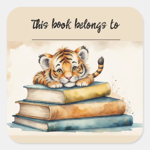 Editable Tiger and Books Bookplate Sticker