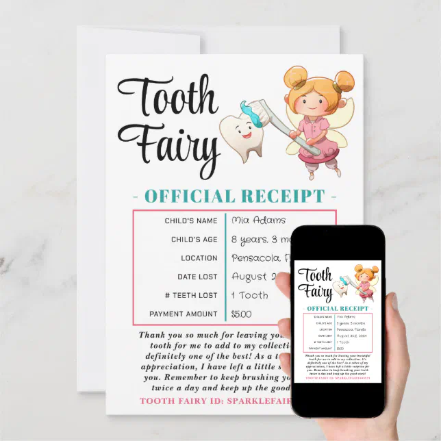 Editable Tooth Fairy Receipt Printable Certificate Invitation (Downloadable)