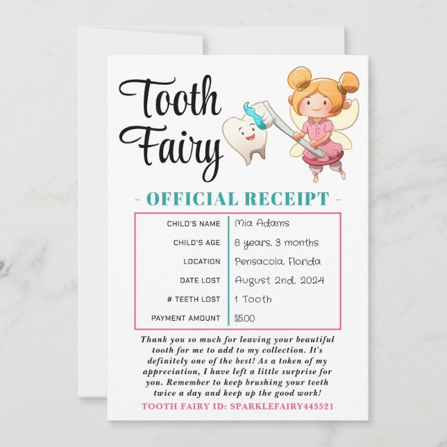 Editable Tooth Fairy Receipt Printable Certificate Invitation (Front)
