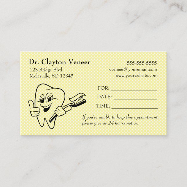 Editable Tooth Yellow Polka Dot Dental Appointment Business Card (Front)
