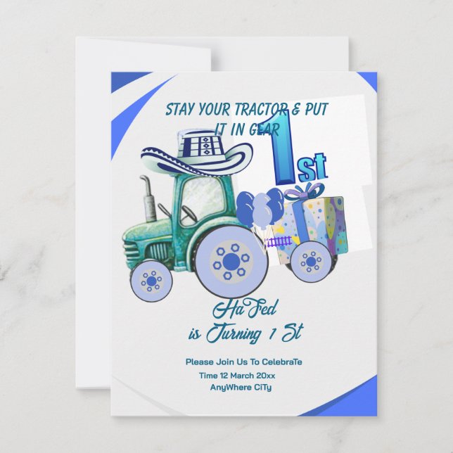 Editable Tractor Birthday invitation, Green Tracto Invitation (Front)